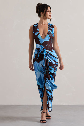 Santana Floral Print Plunge-Neck Split Maxi Dress With Knot Detail